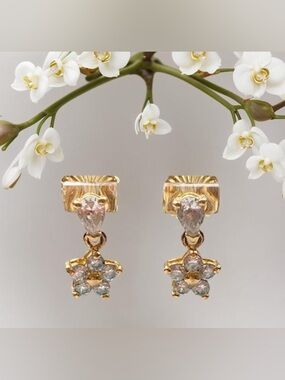 Gold and CZ Floral Earrings with New Backs on post
